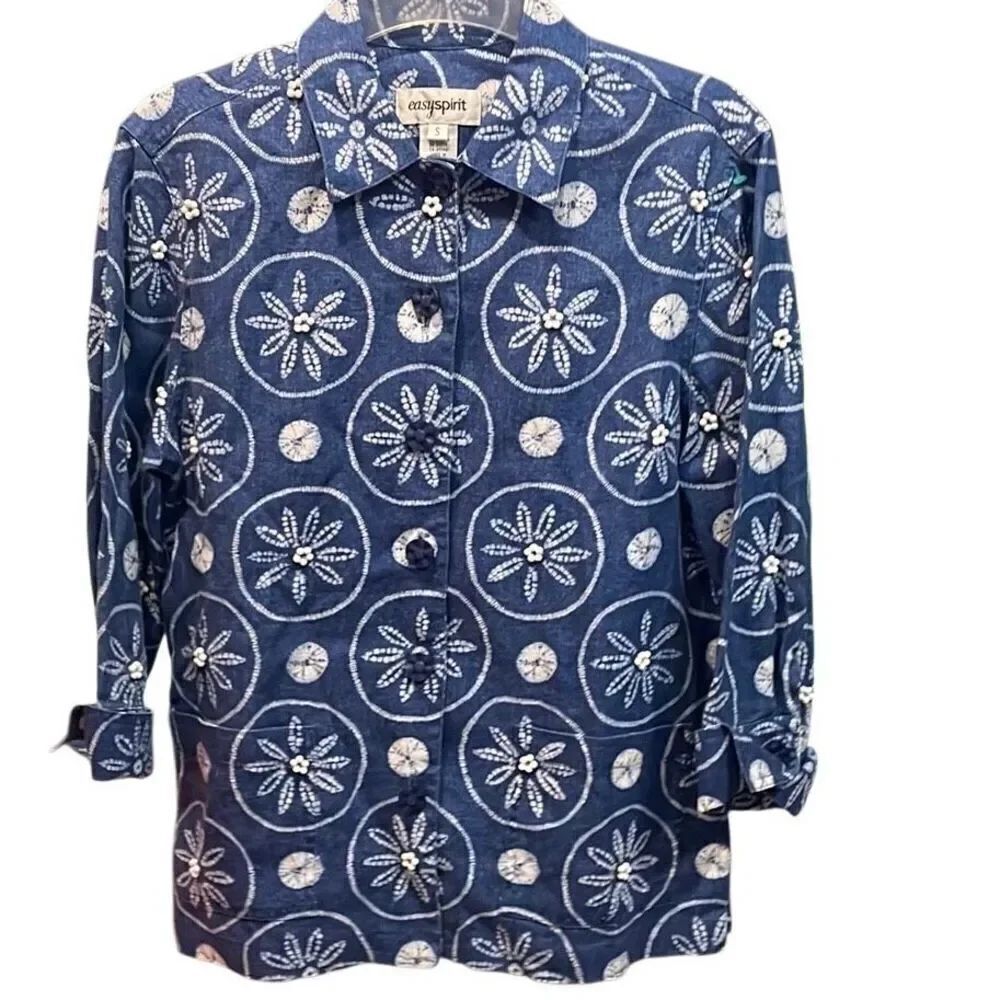 EASYSPIRIT Women’s Linen Button Up Short Sleeve  Shirt Sz Small Blue Beach